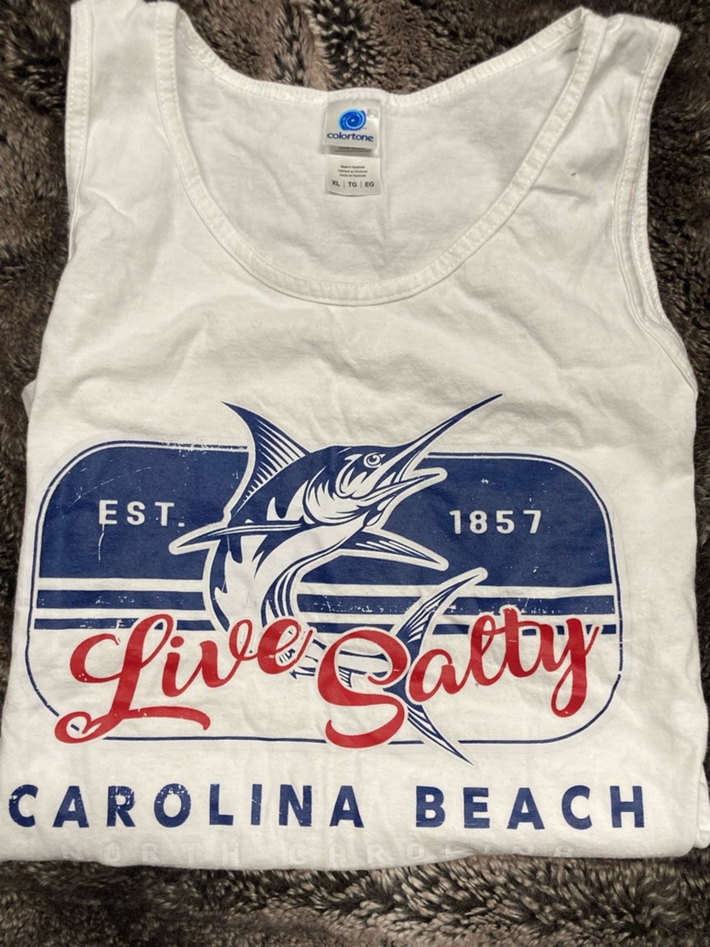 Live Salty Carolina Beach White Tank with Blue & Red Graphic